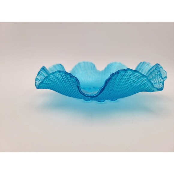 Bright Aqua Blue Ruffled Glass Textured Bowl Waffle Pattern 7.5" - Picture 4 of 8